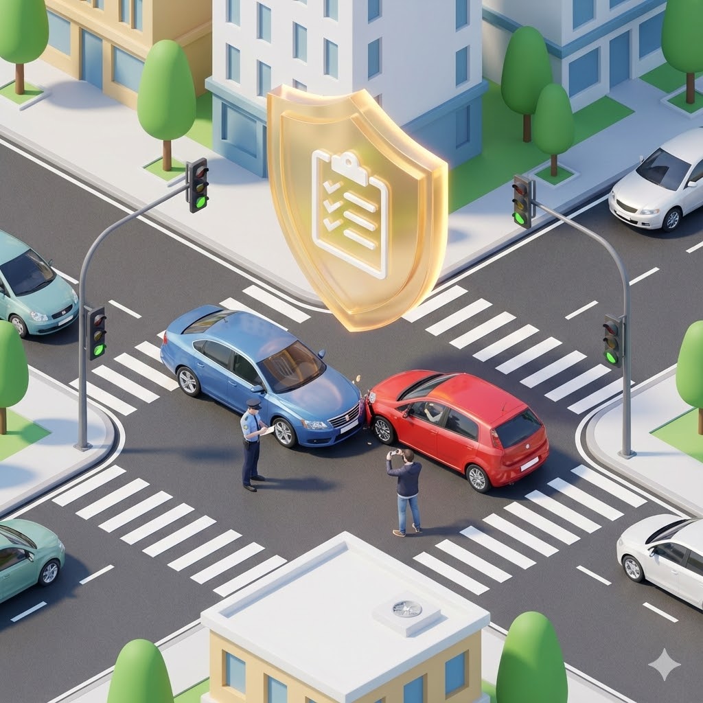 車禍處理流程示意圖：車禍現場報警蒐證、申請初判表與律師協助理賠求償步驟說明