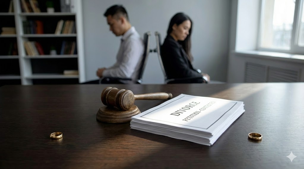 裁判離婚訴訟示意圖：夫妻分居背對背，桌上擺放離婚訴訟文件與法槌，象徵透過法律途徑解決婚姻僵局