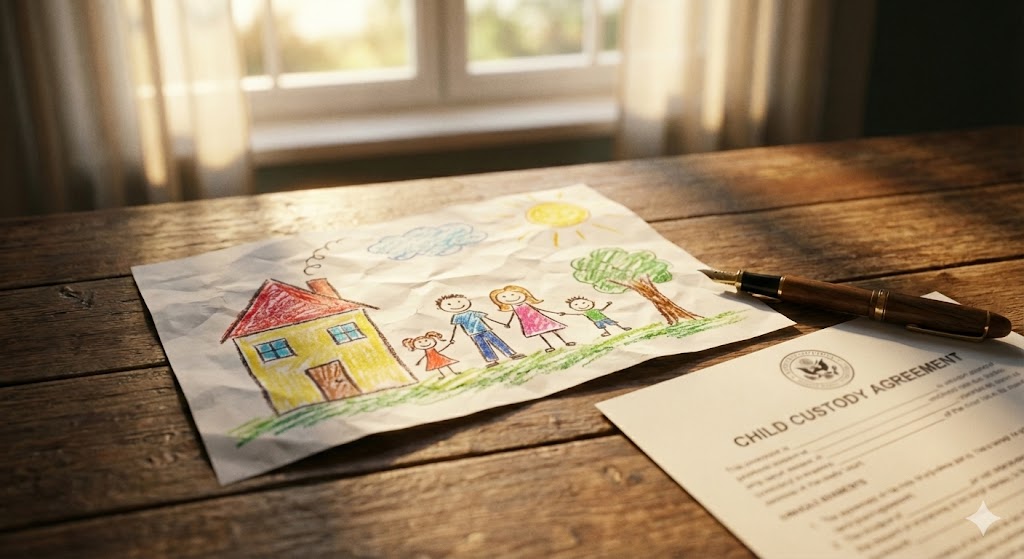 爭取子女監護權示意圖：桌上擺放小孩塗鴉與法律文件，象徵律師依據未成年子女最佳利益原則爭取親權。